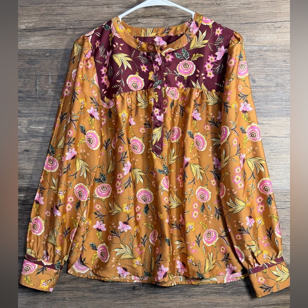 LOFT Floral Blouse in Mustard and Burgundy